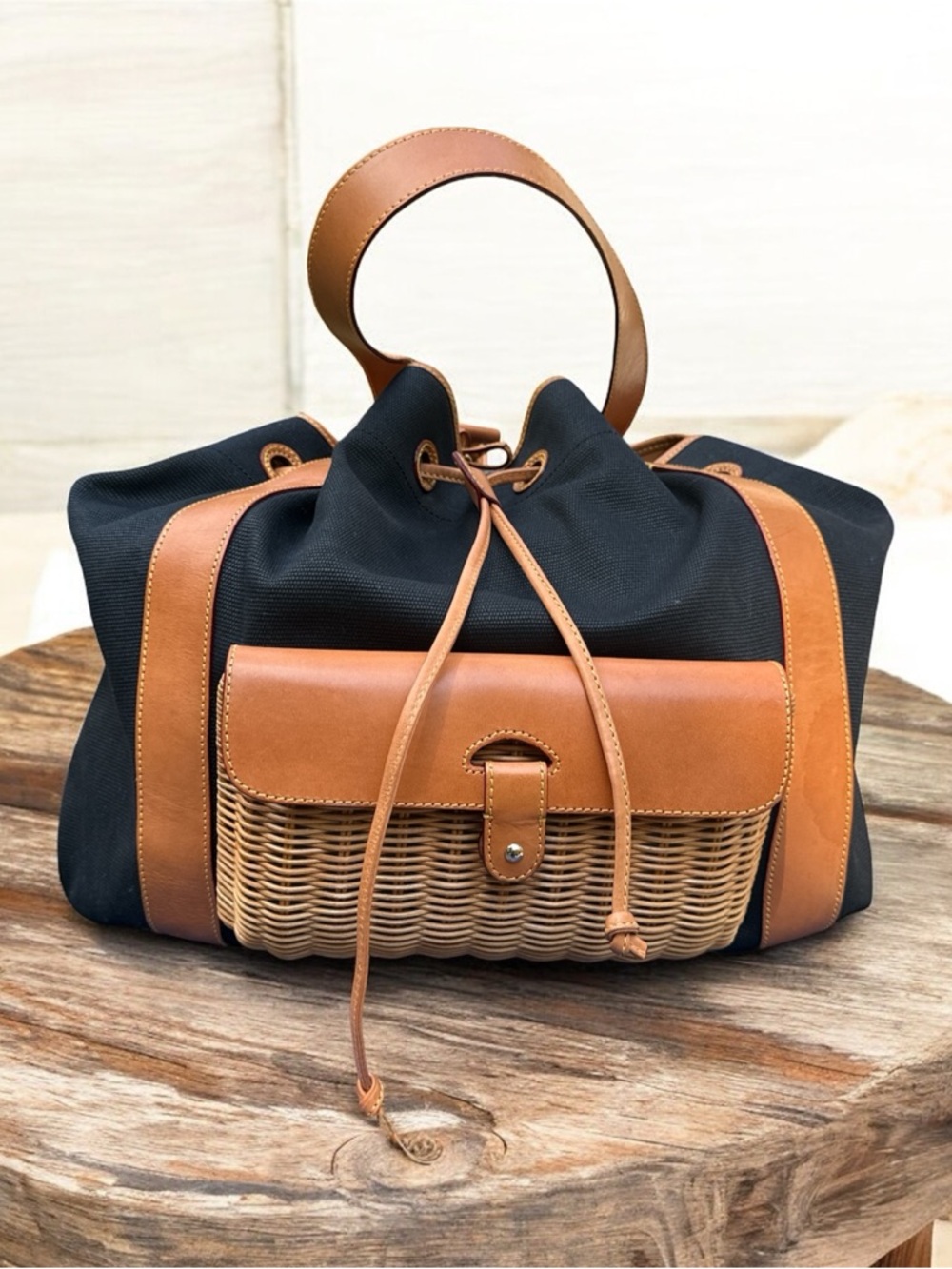 Clever Carriage Company XL Drawstring Tote with Front Basket Detail.
